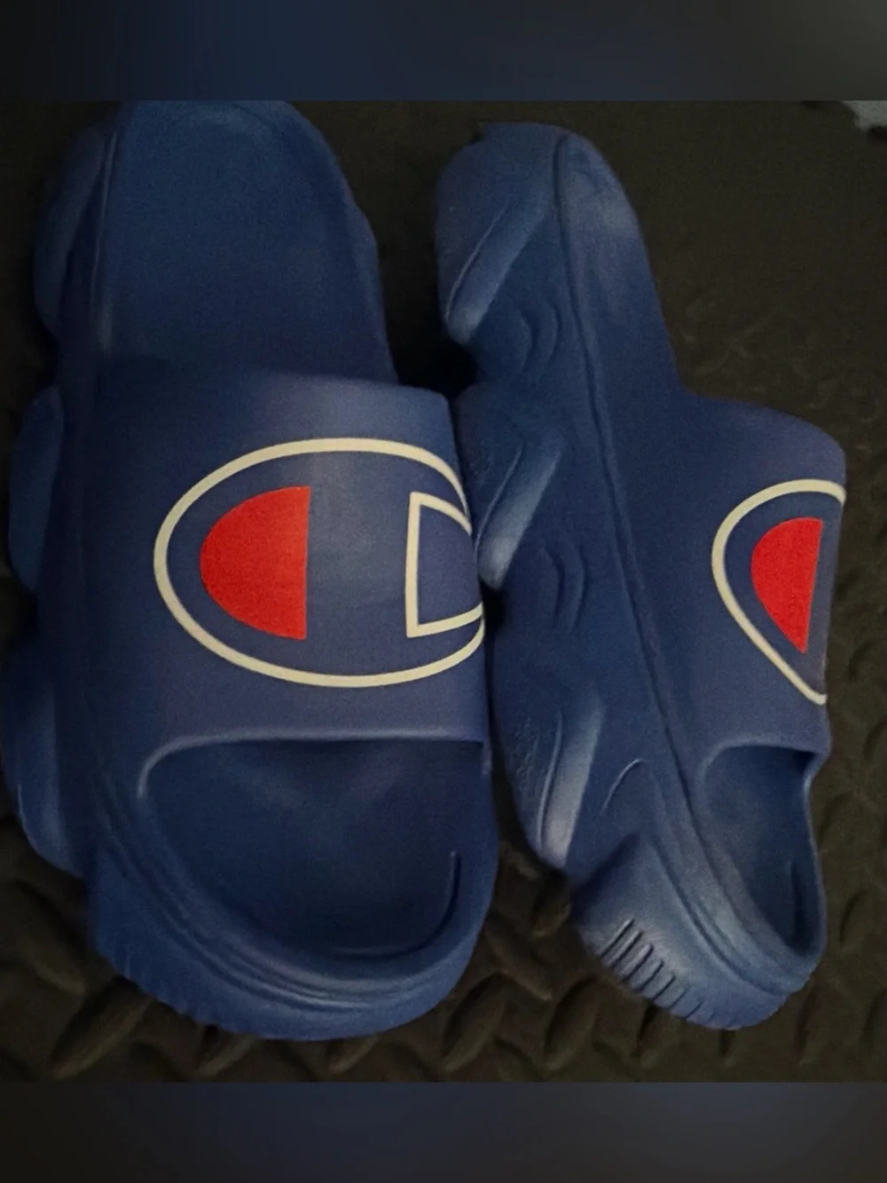Champion Blue Kids Slide Sandals with Red Logo Accent